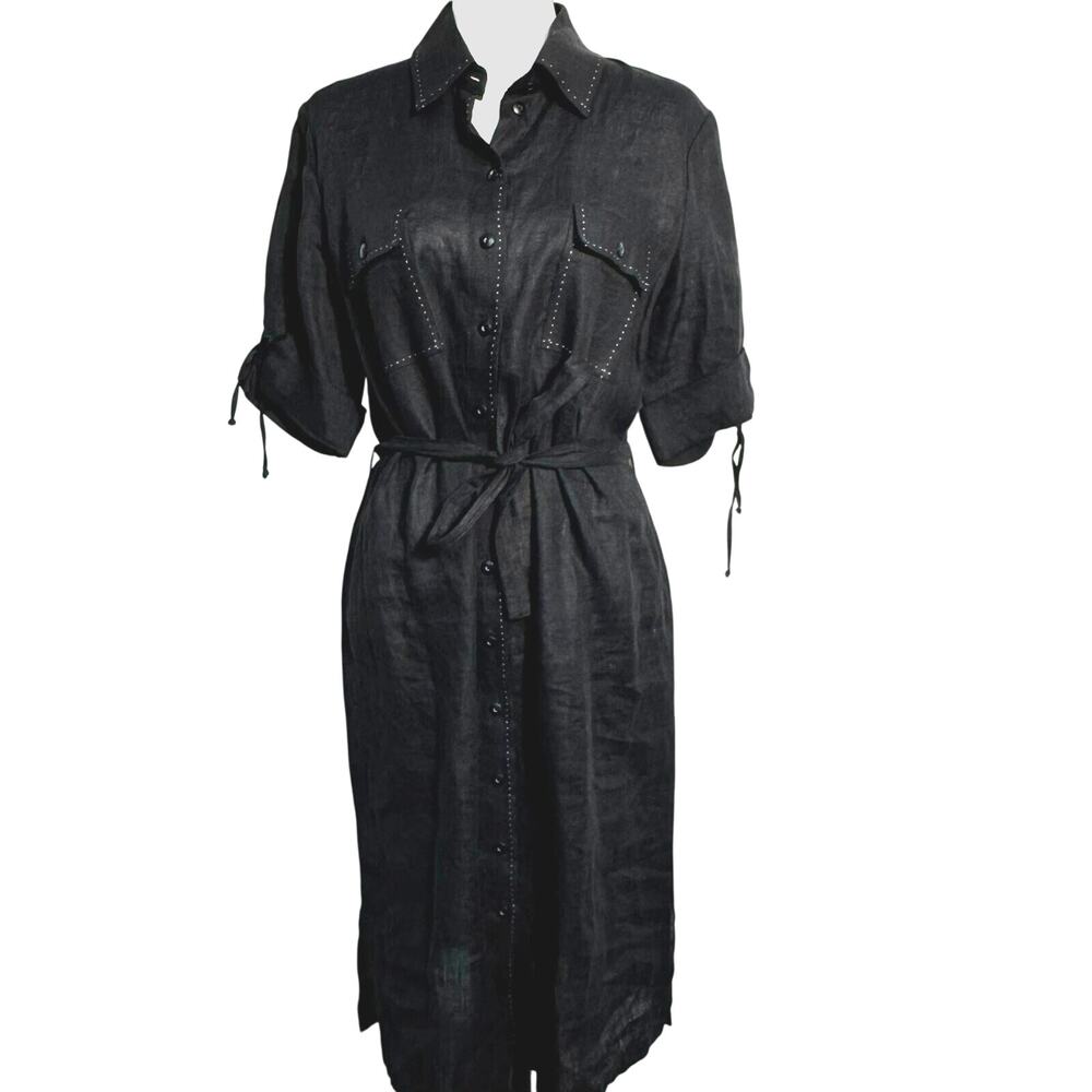 PETER HAHN Women's 12 Black 100% Linen‎ Belt Pockets Midi Button Up Shirt Dress